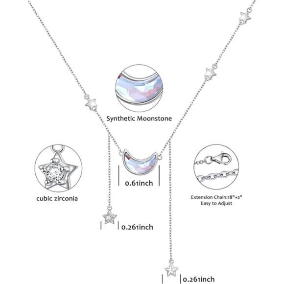 925 Sterling Silver Jewelry Crescent Moon and Star Pendant Necklace - Picture 7 of 8